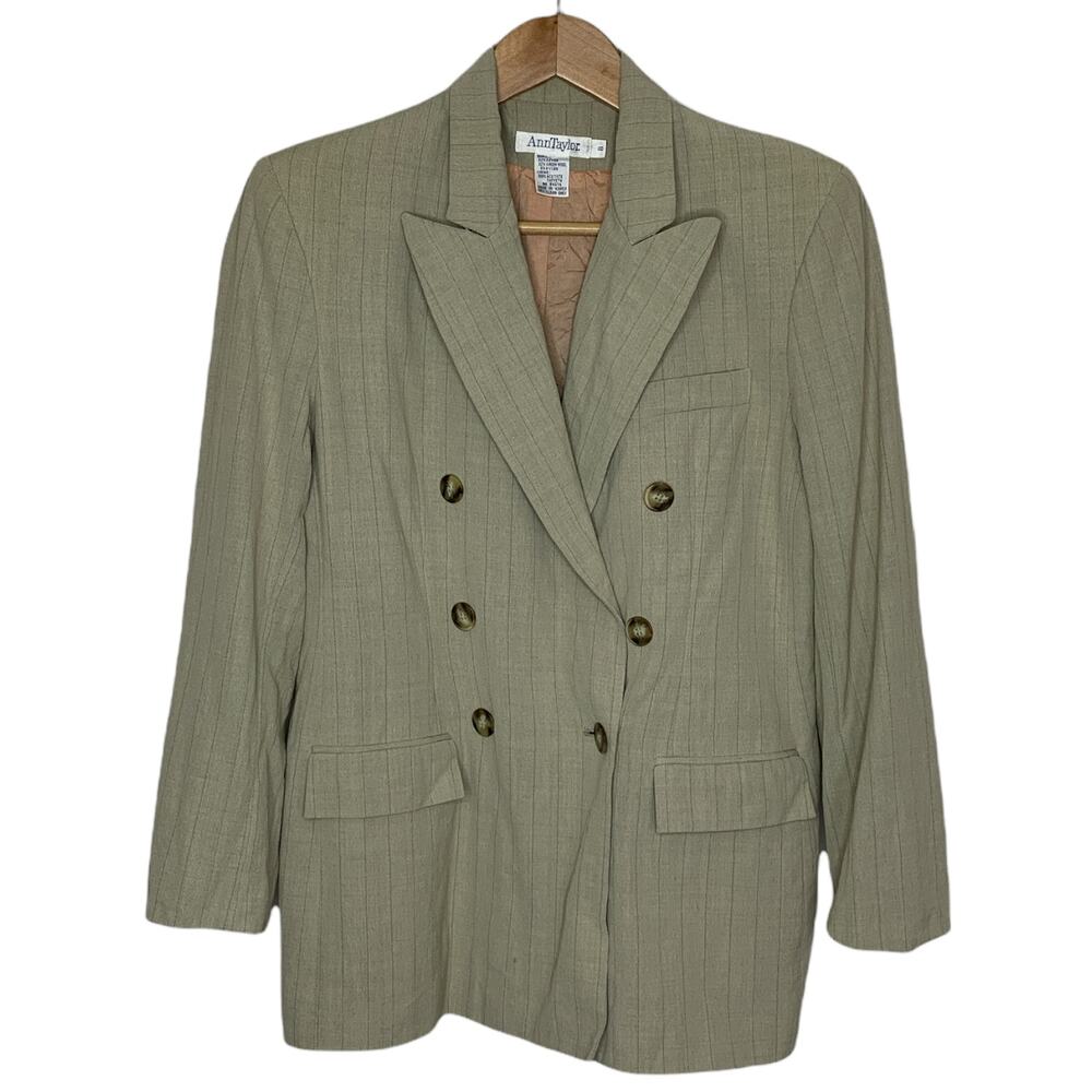 Ann Taylor Cream Plaid Double Breasted Blazer Suit Jacket Size 8 Wool Blend
